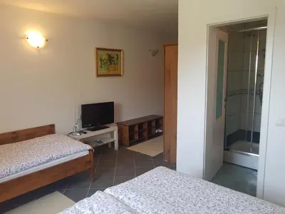a bedroom with two beds and a tv and a mirror at Wine House Kaloh in Maribor