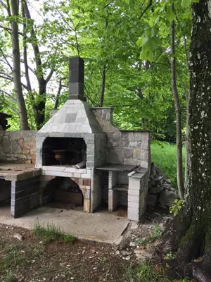 an outdoor brick oven sitting in the woods at Apartment Gaia in Lokve
