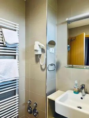 a bathroom with a sink and a shower at Villa Mari I in Maribor