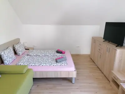 a room with a bed and a tv and a couch at Apartment Marjetka in Žirovnica