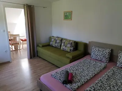 a living room with a green couch at Apartment Marjetka in Žirovnica