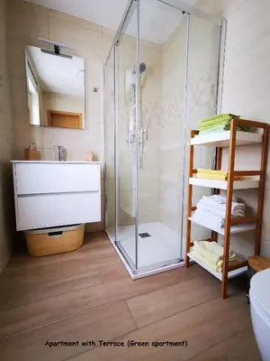 a bathroom with a glass shower and a sink at Apartment and room Anica in Tolmin