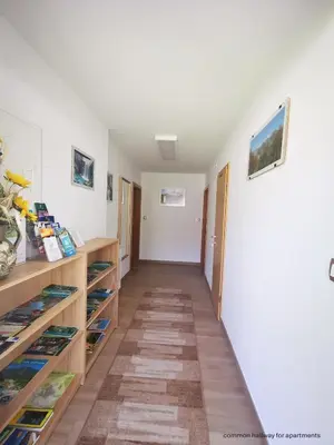 a hallway of a room with wooden shelves at Apartment and room Anica in Tolmin