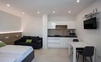 a small room with a bed and a kitchen at Apartments Vila Apolonia in Ljubljana