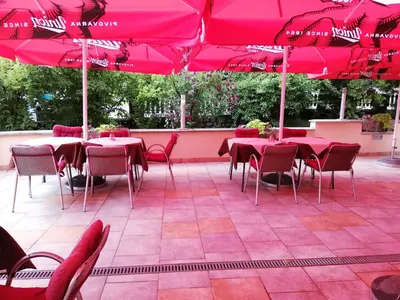 a patio with tables and chairs with pink umbrellas at GOSTILNA S PRENOČIŠČI PAV in Rakek