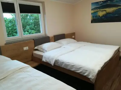two twin beds in a room with two windows at GOSTILNA S PRENOČIŠČI PAV in Rakek