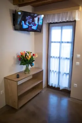 a vase of flowers on a dresser in a room with a television at GLUTEN FREE Bed & Breakfast Dežela Okusov in Ljubljana