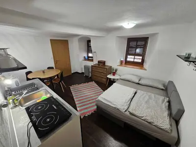 a bedroom with a bed and a kitchen with a sink at Apartment Slavija in Škofja Loka