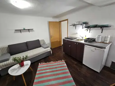 a living room with a couch and a kitchen at Apartment Slavija in Škofja Loka