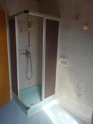a shower with a glass door in a bathroom at Apartment Bee near Bled in Zabreznica