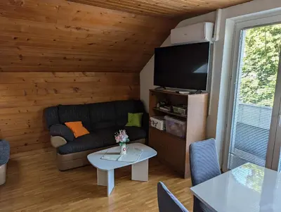 a living room with a couch and a tv at Apartment Bee near Bled in Zabreznica
