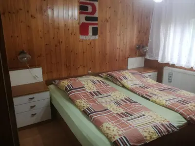 a bedroom with two beds and a wooden wall at Apartma Vilma in Kobarid