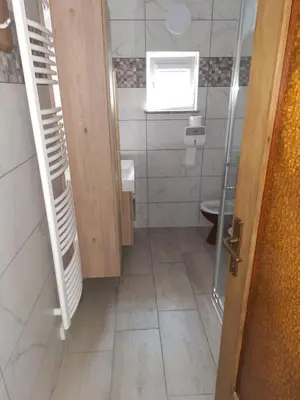 a bathroom with a shower and a sink and a toilet at Apartma Vilma in Kobarid
