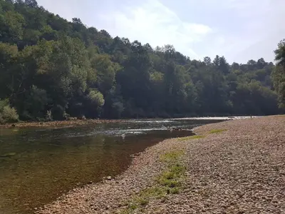 a river with a rocky shore with trees in the background at Apartma Kolpa in Gradac