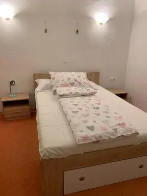 a bedroom with a bed with pink flowers on it at The 1882 Old House Vodnikova in Bohinj