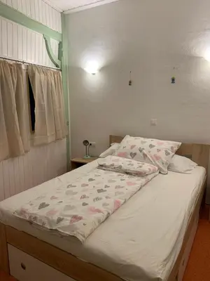 a bedroom with a bed with a white comforter at The 1882 Old House Vodnikova in Bohinj