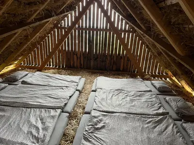 a attic with three beds in a room at Hrgova hiška in Ptuj