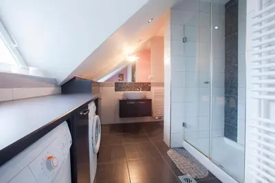 a bathroom with a sink and a toilet and a shower at Luxury apartment Karolina in Bled