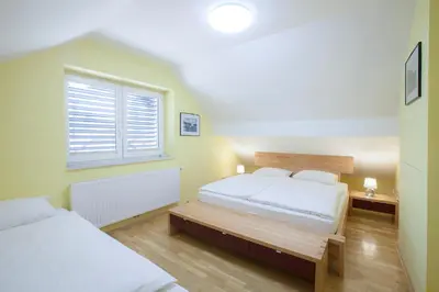 a bedroom with two beds and a window at Luxury apartment Karolina in Bled