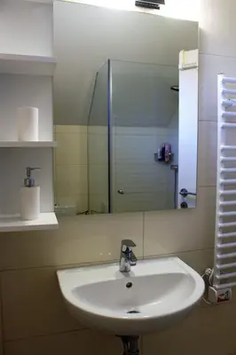 a bathroom with a sink and a mirror at Mariana Apartment in Bled