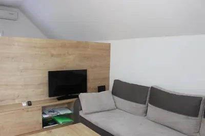 a living room with a couch and a flat screen tv at Mariana Apartment in Bled