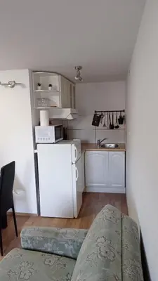 a small kitchen with a white refrigerator and a sink at Apartma Jerman in Kranjska Gora