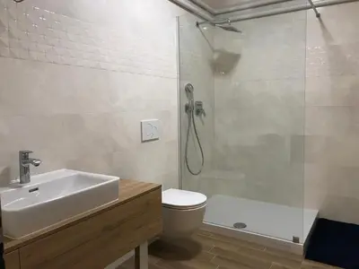 a bathroom with a shower and a sink and a toilet at Jure apartment in Ljubljana in Ljubljana