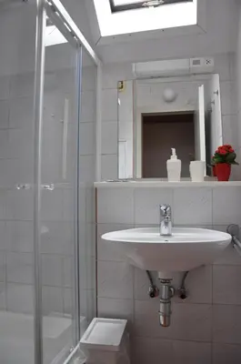 a bathroom with a sink and a shower at Vas Lipa 8 - 36 in Podčetrtek