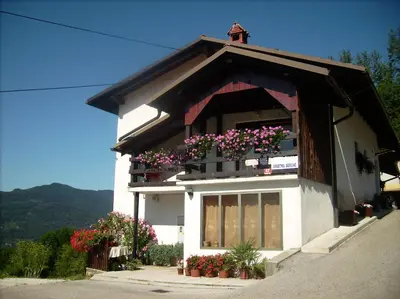a house with flower boxes on the side of it at Apartmaji Berginc in Kobarid
