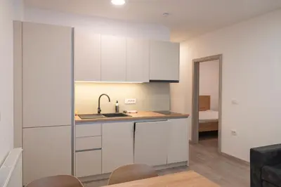 a kitchen with white cabinets and a sink at Nika & Erik in Kranjska Gora