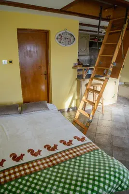 a bedroom with a bed and a kitchen with a ladder at Holiday Home Dobrotin in Vojnik