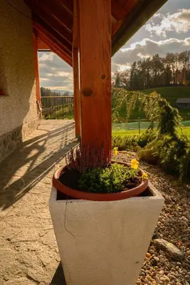 a flower pot sitting on the side of a building at Holiday Home Dobrotin in Vojnik