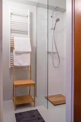 a bathroom with a shower with a glass door at HOMe apartments & Yoga studio in Bled-Rečica