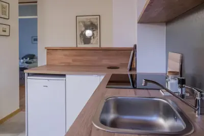 a kitchen with a sink and a wooden counter top at HOMe apartments & Yoga studio in Bled-Rečica
