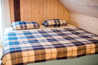 a bed in a cabin with two pillows on it at Sunny House with Sauna in Bistrica ob Sotli