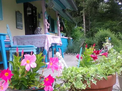 a patio with flowers and a table and chairs at Blue Cottage in Podvrh