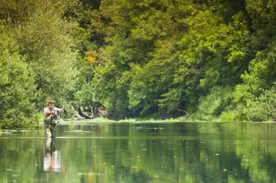 a man in the water fishing in a river at Rooms Šajina in Podgrad