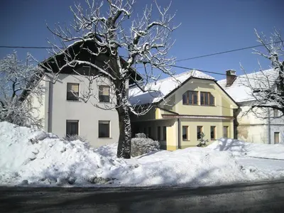 a snow covered house with a tree in front of it at Turistična Kmetija Logar in Grahovo