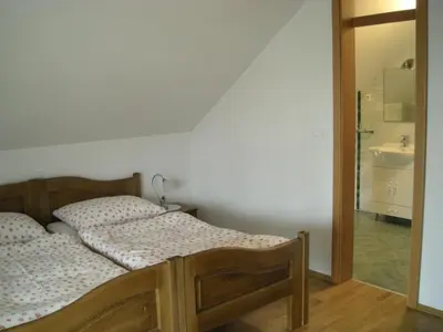 a bedroom with a bed and a sink in a room at Turistična Kmetija Logar in Grahovo