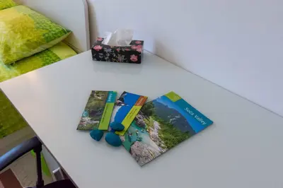 a white table with two pamphlets and a box on it at Apartment MATEA in Kobarid