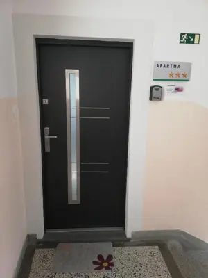 a black door in a room with a flower on the floor at Apartment MATEA in Kobarid