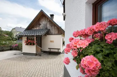 a building with pink flowers in front of it at Apartments Kocjanc in Bohinj
