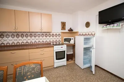 a kitchen with a white stove and a microwave at Apartments Kocjanc in Bohinj
