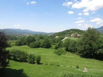 a green field with trees and houses on a hill at Apartma Kapitanovše in Ajdovščina
