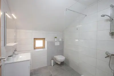 a white bathroom with a toilet and a sink at 1861 Blejka apartments Bled in Bled
