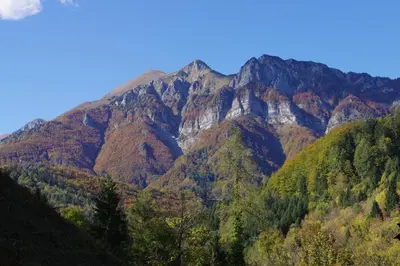 a mountain range with trees in the foreground at House Utrinek with free play room, jacuzzy and garage in Podbrdo