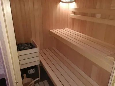 a wooden sauna with a wooden shelf and a light at House Utrinek with free play room, jacuzzy and garage in Podbrdo