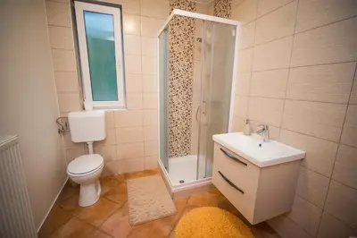 a bathroom with a toilet and a shower and a sink at Guest House Frata in Dvor