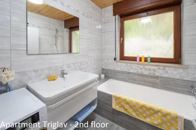 a bathroom with a sink and a mirror at Apartments Artemida in Bled