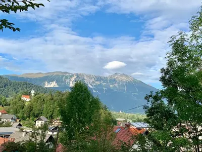 a view of a mountain in the distance at Apartment Micnek Bled in Bled